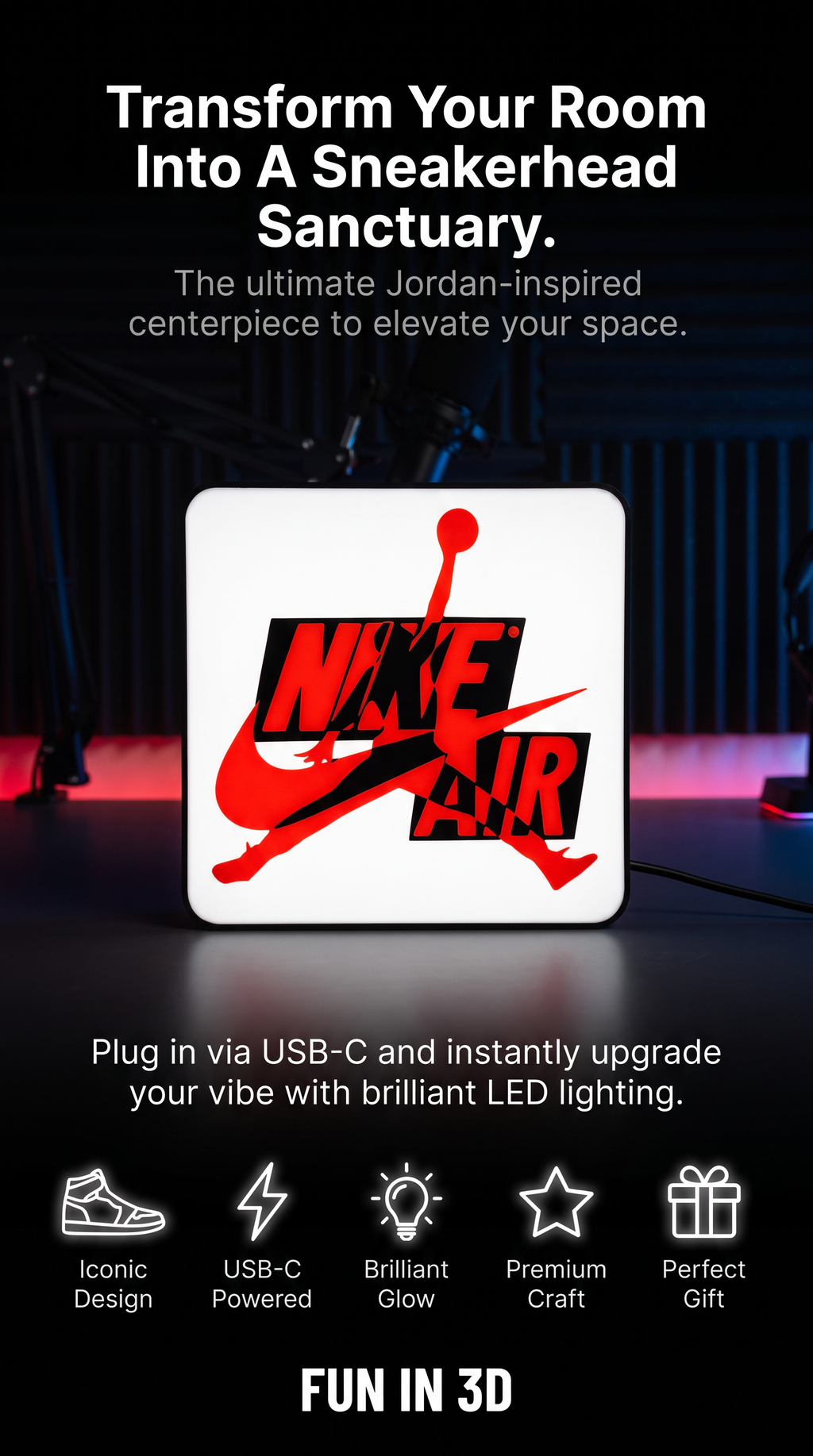 Custom Nike Air x Jordan Inspired LED Light Box | Square USB-C LED Sign Lamp