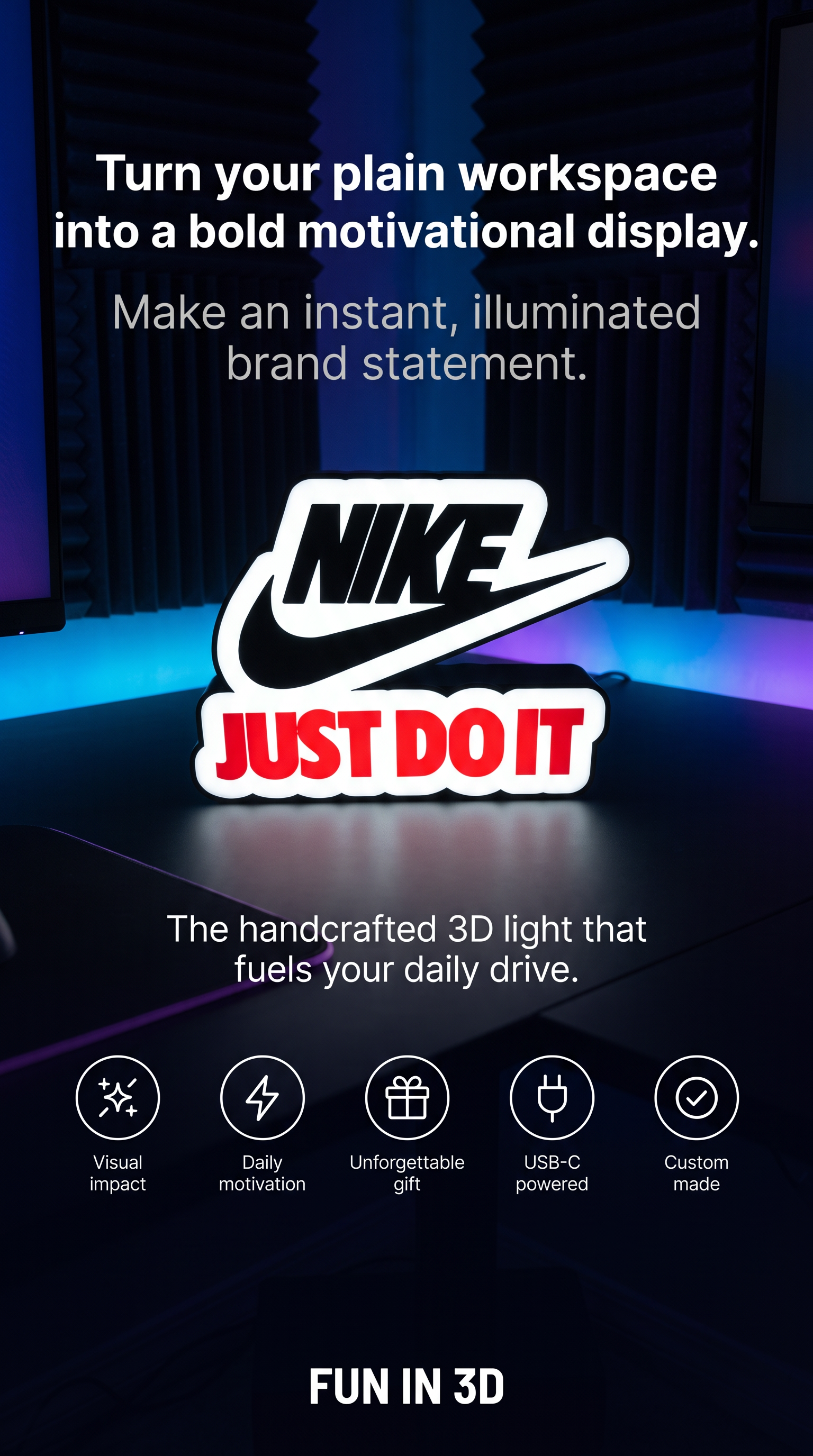Custom Just Do It Inspired Motivational LED Light Sign | Swoosh Style Sports Decor | USB-C Table Lamp