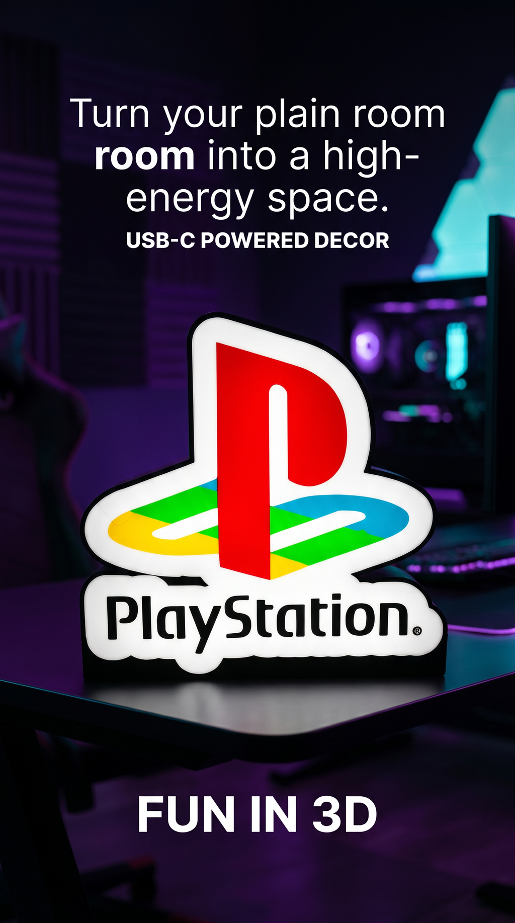 PlayStation Logo LED Light Sign - Illuminated Gaming Decor