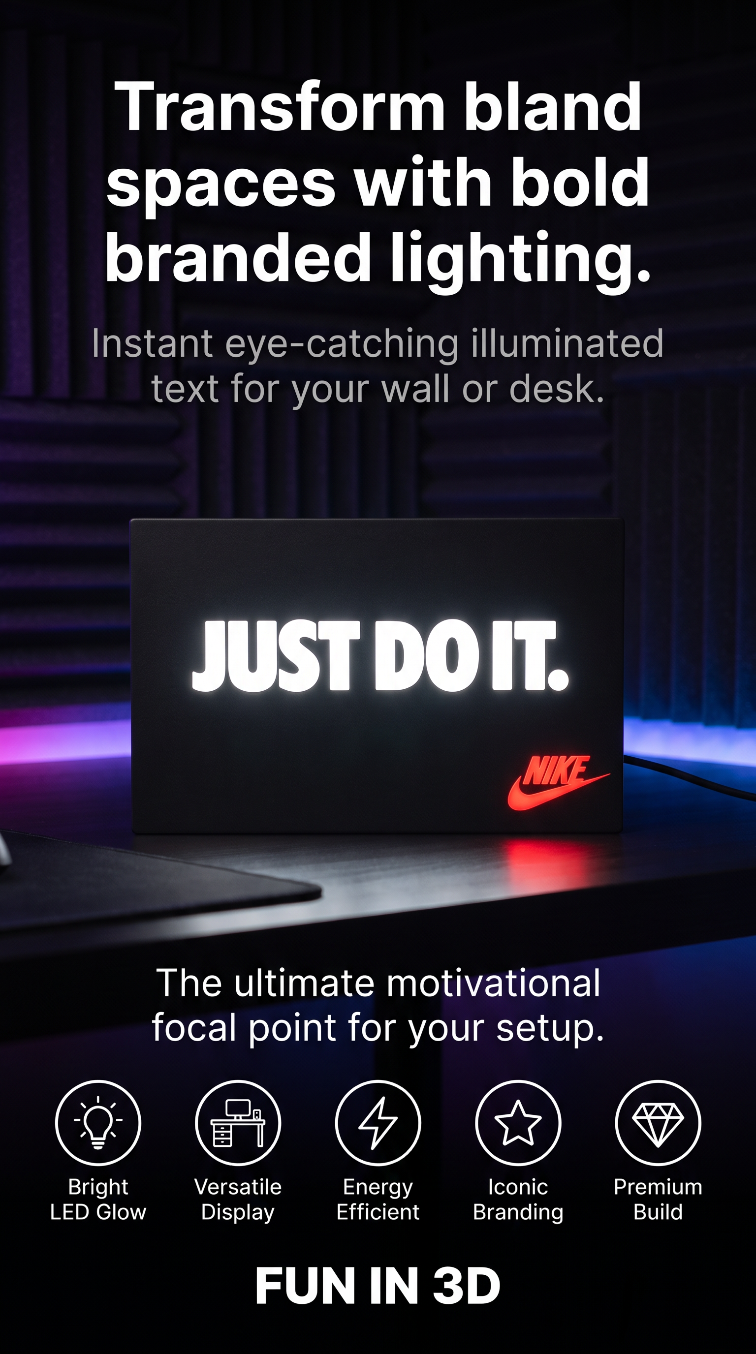 Nike “Just Do It” LED Light Sign | Black Illuminated Motivational Decor