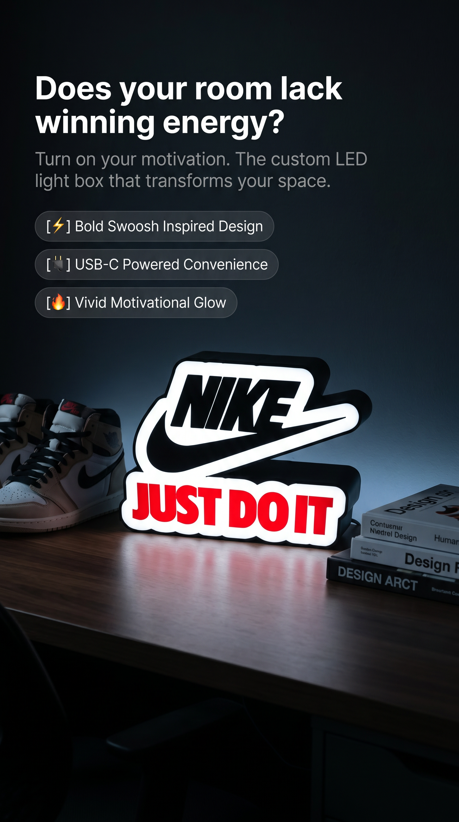 Custom Just Do It Inspired Motivational LED Light Sign | Swoosh Style Sports Decor | USB-C Table Lamp
